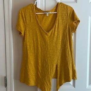 Express yellow v-neck tee with a tie in front
